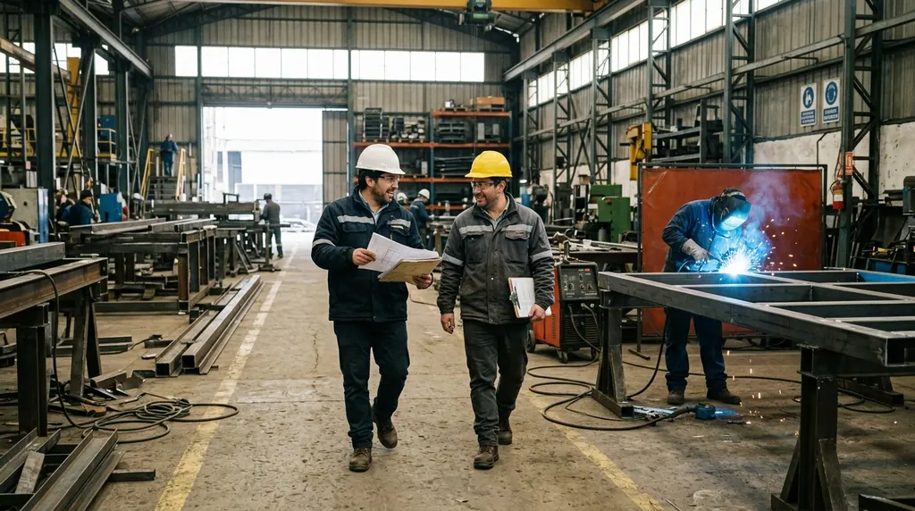 Dos ingenieros con casco conversan mientras recorren una maestranza con estructuras soldadas