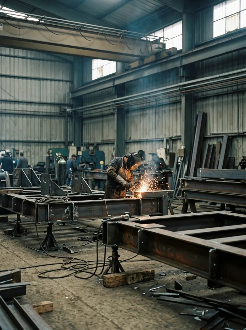 Taller metalmecánico con estructuras de acero en fabricación y un soldador trabajando al fondo