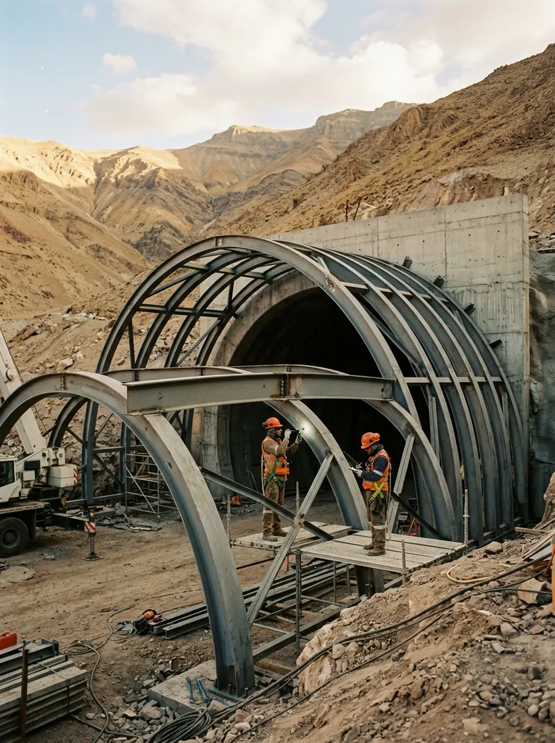 Estructura de acero soldada en el portal de un túnel minero